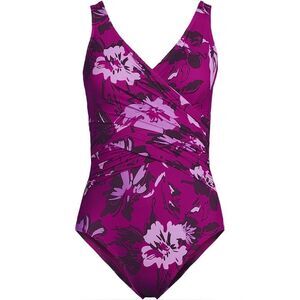 Land's End SlenderSuit Wrap one piece swimsuit Crimson Rose Abstract Floral Var